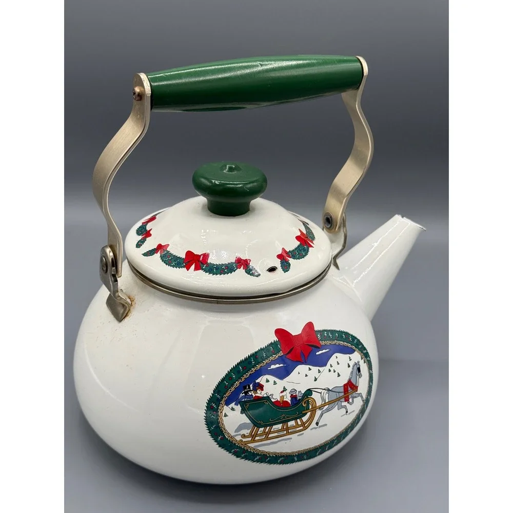 Vintage‎ Christmas Enamel Tea Kettle White Sleigh Ride Holiday Tea Pot